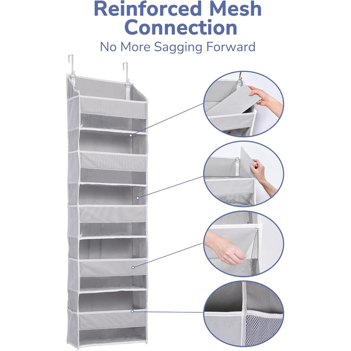 Органайзер для дверей ULG з 5 великими та 10 сітчастими кишенями, вантажопідйомність 20 кг, для спальні, ванної, кухні (сірий)