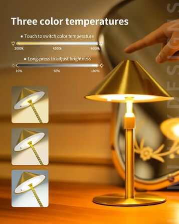Нічник бездротовий акумуляторний Wiederaufladbare для вітальні, спальні, їдальні - Gold (латунь) з лампочкою, димуванням, сенсорним керуванням, 3-в-1