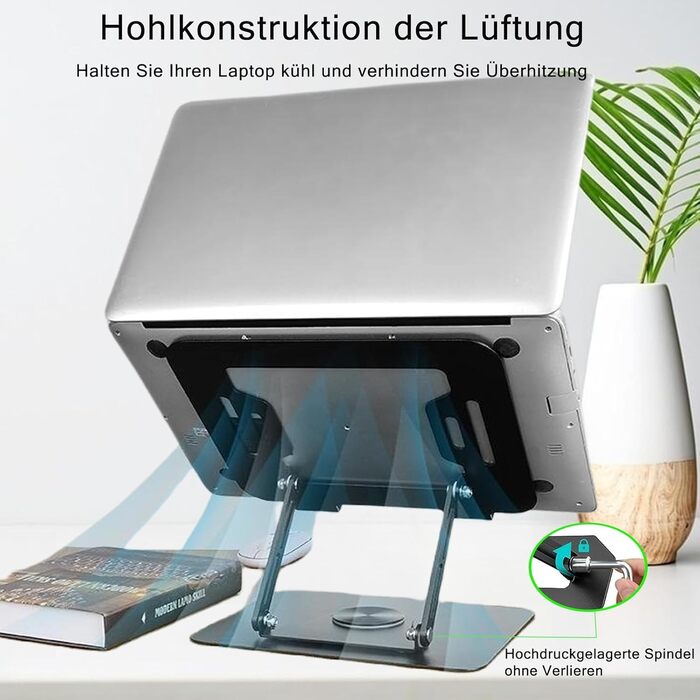 Підставка для ноутбука з регулюванням висоти та поворотним підставою 360°, ергономічна, вентильована, чорна, 10-17 дюймів