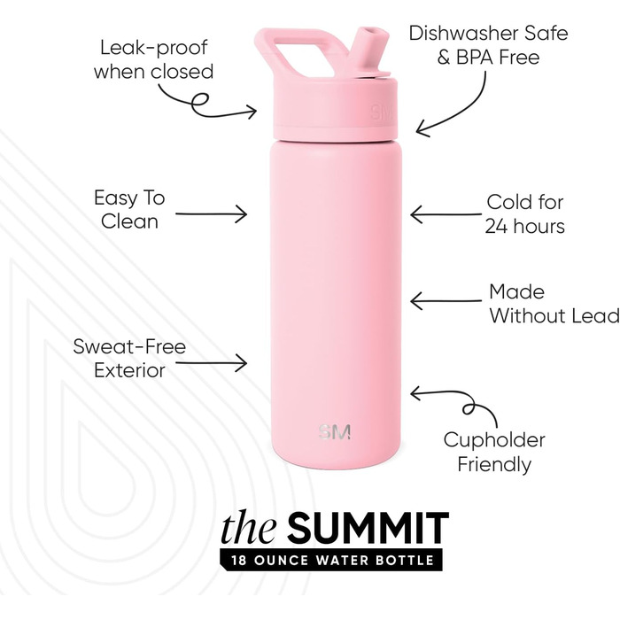 Simple Modern Trinkflasche mit Strohhalm und Chug-Deckel | Stainless Steel Insulated Water Bottle with Straw and Chug Lid for Sports, Gym | Summit | 950ml | Checkmate (532 ml, -Blush)