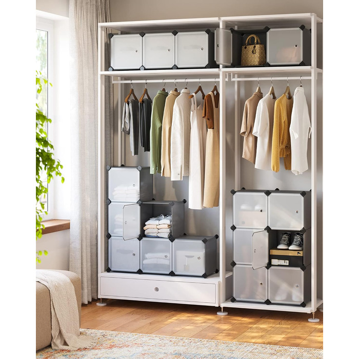 SONGMICS Regal System, Shoe Rack, Set of 16 Cubes, Plastic Wardrobe, with Doors, Plug-in Shelf, Storage for Clothes, Shoes and Books, Easy Assembly, Grey LPC443G01