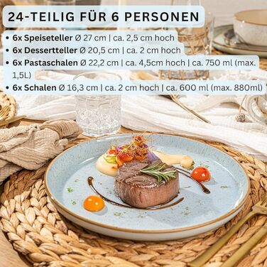 Набір посуду SÄNGER Rio Lagune 24 частини: 6 тарілок, 6 сніданок, 6 глибоких тарілок, 6 мисок для пасти, посуд для 6 осіб, блакитний, Steingut (фарфор)