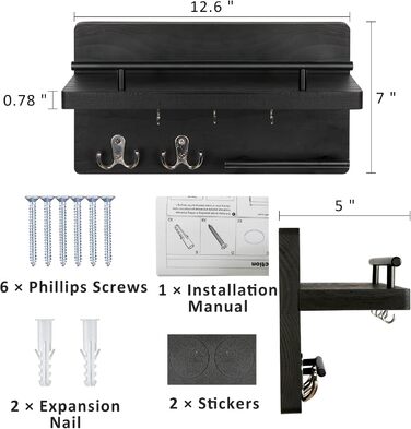 Настінна вішалка для ключів на 5 гачків, дерев'яна дошка для ключів з полицею, настінний органайзер для ключів, рустикальна вішалка для ключів, органайзер для ключів, декор для дому (чорний)