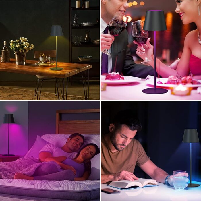 LED настільна лампа MALUX бездротова з диммуванням, 8 кольорів RGB, металева, IP54, для дому та саду, їдальні, спальні, балкону, готелю (сірий, чорний)