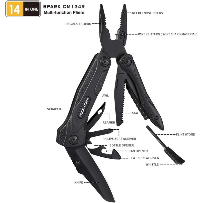 Мультитул ROXON CM1349 Spark: 14-в-1, мультиінструмент, плоскогубці, для туризму та виживання