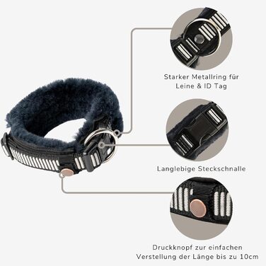 Нашийник для собак CHRIS з ланолінової вовни, зменшує випадіння шерсті, з підкладкою, світловідбиваючий, регульований, для собак малих, середніх та великих порід, розмір L (45-55 см), XL (55-65 см), колір антрацит