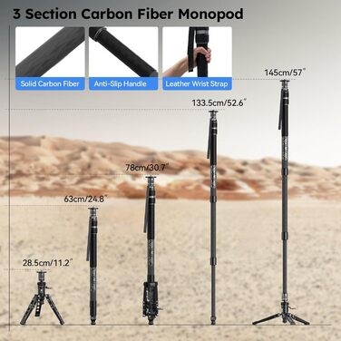 SIRUI Монопод з вуглецевого волокна з системою швидкого кріплення | 165см, професійний, 3-в-1, вантажопідйомність 10кг, для DSLR та відео (SVM-145P)