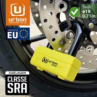 Замок для мотоцикла URBAN UR75, дисковий, високий рівень захисту, SRA сертифікат, міні U-подібний, 18 мм, універсальний 67x46 мм, жовтий