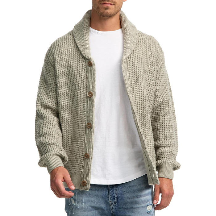 Чоловічий кардиган Indicode INBrandox з коміром-шарфом та ґудзиковою застібкою | Дрібний в'язаний кардиган для чоловіків, колір Stone