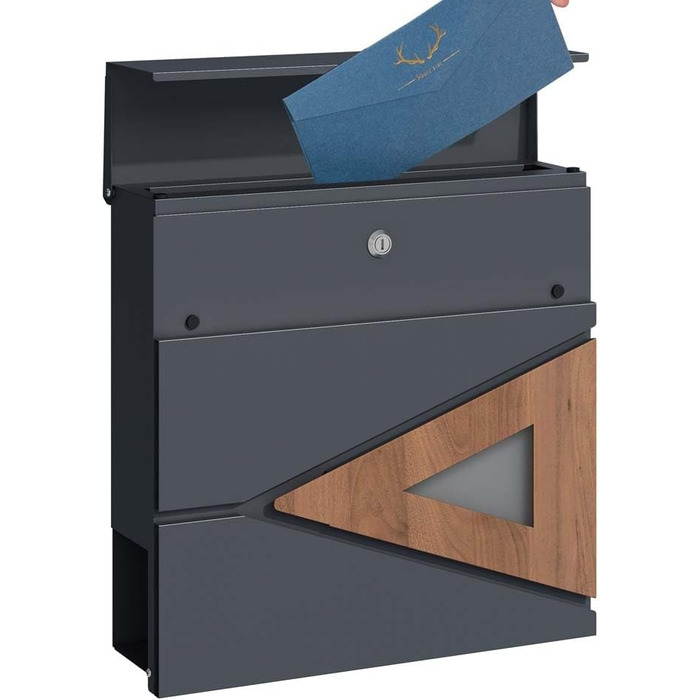 Поштова скринька настінна SCHARTEC SPB-8 антрацит з дерев'яним декором та відділенням для газет, велика, сучасний дизайн