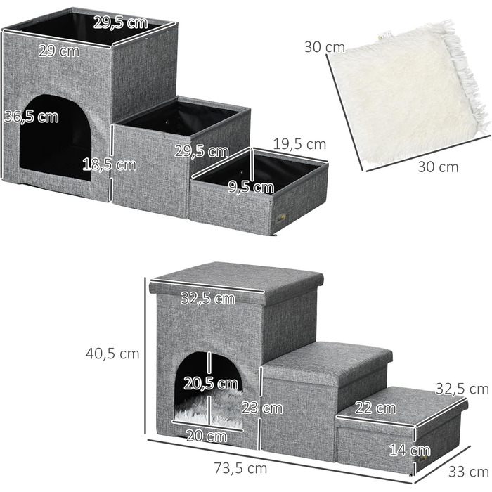PawHut Сходинка для собак 3 сходинки, 40.5 см, з подушкою-печериною, місцем для зберігання, для котів та маленьких собак, сірого кольору, для ліжка, дивану, авто