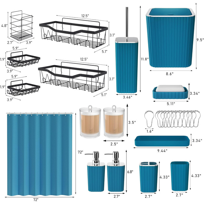 Набір аксесуарів для ванної кімнати – 10 предметів, зелений колір, WC-щітка, смітник, душова завіса, органайзер для душу