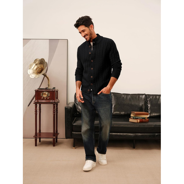 Кардиган чоловічий PJ PAU JONES з косими візерунками, на ґудзиках, грубий трикотаж (L, Чорний)