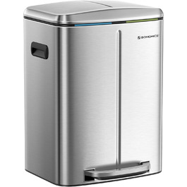 SONGMICS Відро для сміття 40 л з 2 відсіками (2 x 20 л), металевий третемер з пластиковим внутрішнім відром, Softclose, герметичний, білий LTB40WT (срібний)