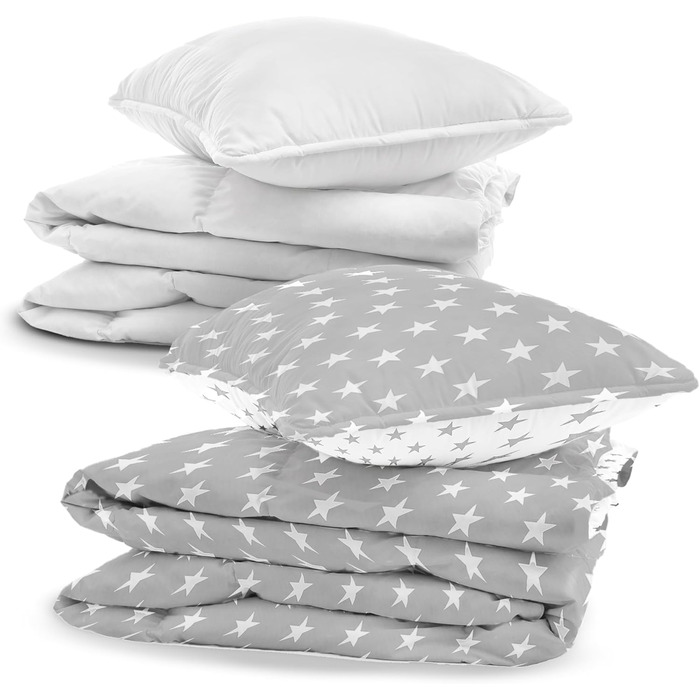 Комплект постільної білизни для дитячого ліжечка 90x120 см з бавовни Kinderbettwäsche - комплект ковдри та наволочок 40x60 см для малюків (хлопчиків та дівчаток). Oeko-Tex, білий з сірими зірками / сірий з білими зірками.