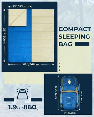 Ohuhu Lightweight Sleeping Bag - Compact & Ultralight Summer Sleeping Bag for Camping, Travel, Festivals (Blue)