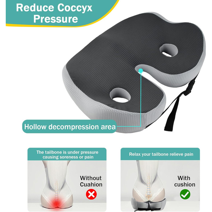 Подушка для сидіння з піною з пам'яті, ергономічна ортопедична подушка для офісного крісла, подушка для сидіння з піною з пам'яті, подушка для куприка з регульованою шириною для офісу/автомобіля, знімає біль в сідниці (темно-сірий)