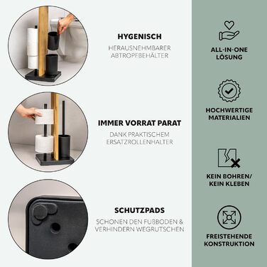 Набір для туалету Eluno Stand-WC 4в1: щітка, тримач туалетного паперу, полиця, бамбук/метал (чорний)