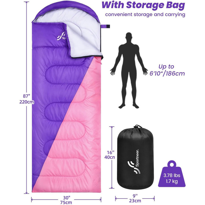 Сплячий мішок Outdoor Sportneer для кемпінгу: 3-4 сезонний літній спальний мішок, зимовий спальний мішок, компактний, портативний, ультралегкий для дорослих, фіолетовий+рожевий, 220x75 см