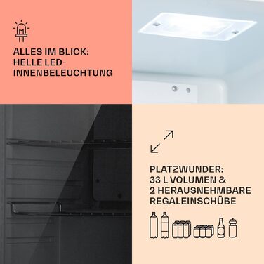 Міні-холодильник Klarstein з дверцятами зі скла, для кімнати, барний холодильник з регульованими полицями, компактний, для дому/на вулицю, тихий (33 л, білий)