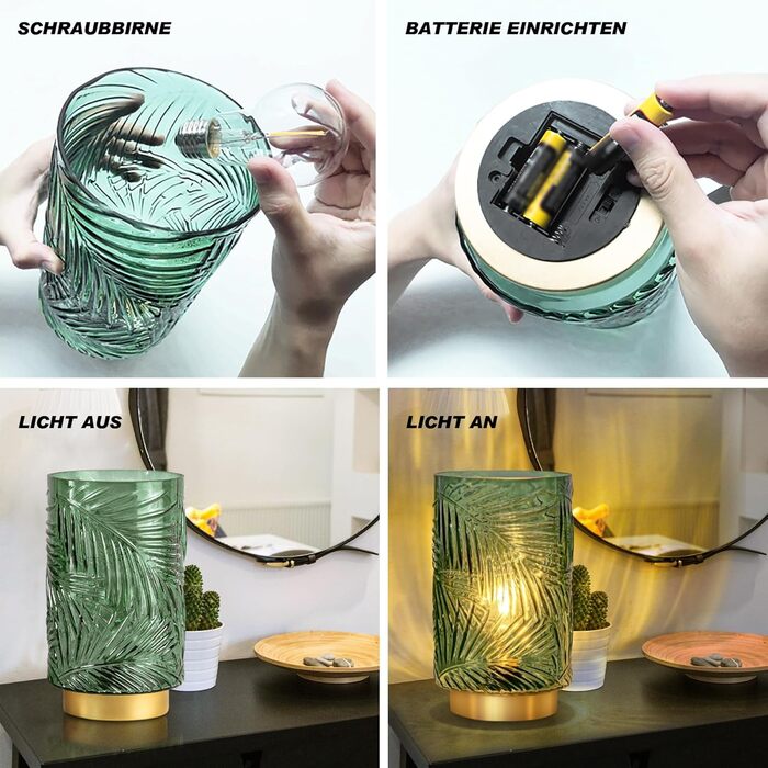 LED настільна лампа MJ PREMIER з акумулятором, торшери з USB зарядкою, диммування, скляна основа, декоративне освітлення, аварійна лампа (зелена)