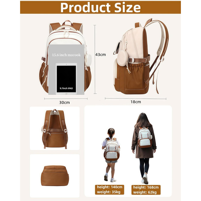 Шкільний рюкзак Aryan для жінок, 17 дюймів, легкий, з відділенням для ноутбука, сумка для жінок, підлітків, дівчаток та хлопців, для подорожей, навчання та роботи (колір: коричневий)