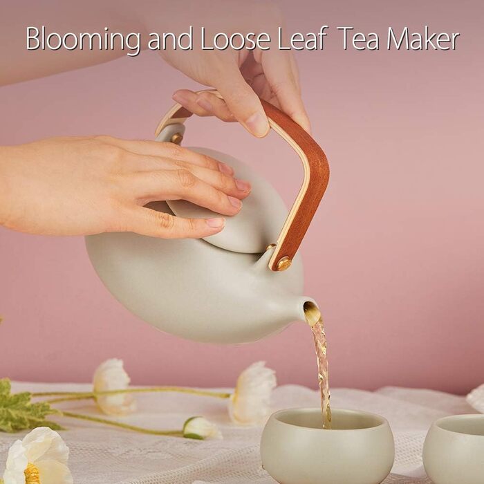 ZENS Modern Japanese Teapot, 800ml Matte White Ceramic Teapot with Infuser, Wooden Handle Small Japanese Teapot for Loose Leaf Tea, White Tea, Green Tea Steeper, Gift for Tea Lovers (02-gray Teapot)