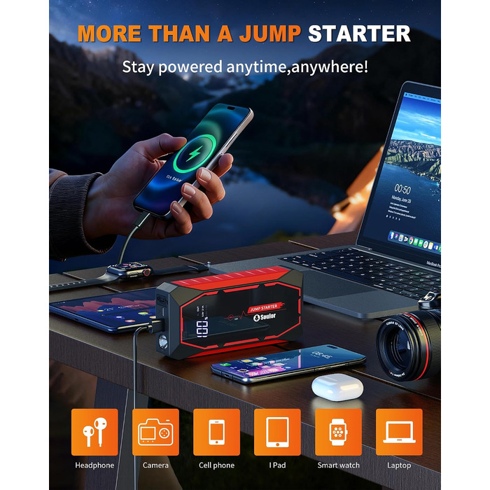 Бустер для автомобіля Cy8 5000A — Потужний пусковий пристрій (Jump Starter) для бензинових двигунів до 8л та дизельних до 6л, 12V, з LED-ліхтарем та EVA-кейсом
