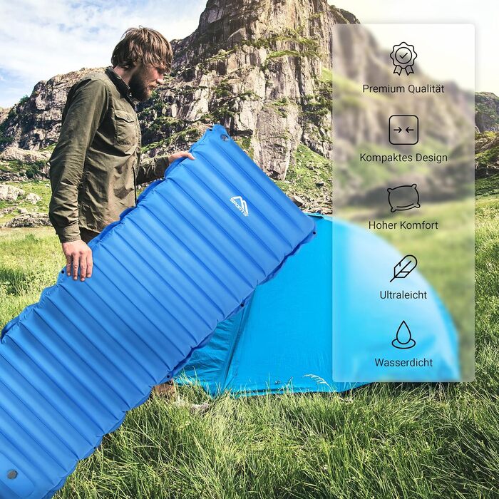 MSPORTS Кемпінговий килимок Isomatte Premium, ультралегкий, вологостійкий для кемпінгу, піших прогулянок, подорожей з рюкзаком, пляжу. З насосом для накачування. (Королівський синій)