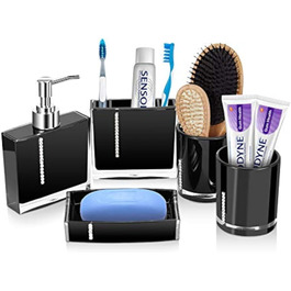 5-Piece Bathroom Accessories Set, Bathroom Dispenser Set includes lotion bottle, toothbrush holder, tray, 2 rinsing cups (black)