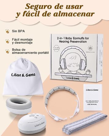 Дитячі шумопоглинаючі навушники Lilian&Gema 2 в 1 для новонароджених та дітей до 48 місяців, захист слуху -25 дБ, регульований обруч, білі