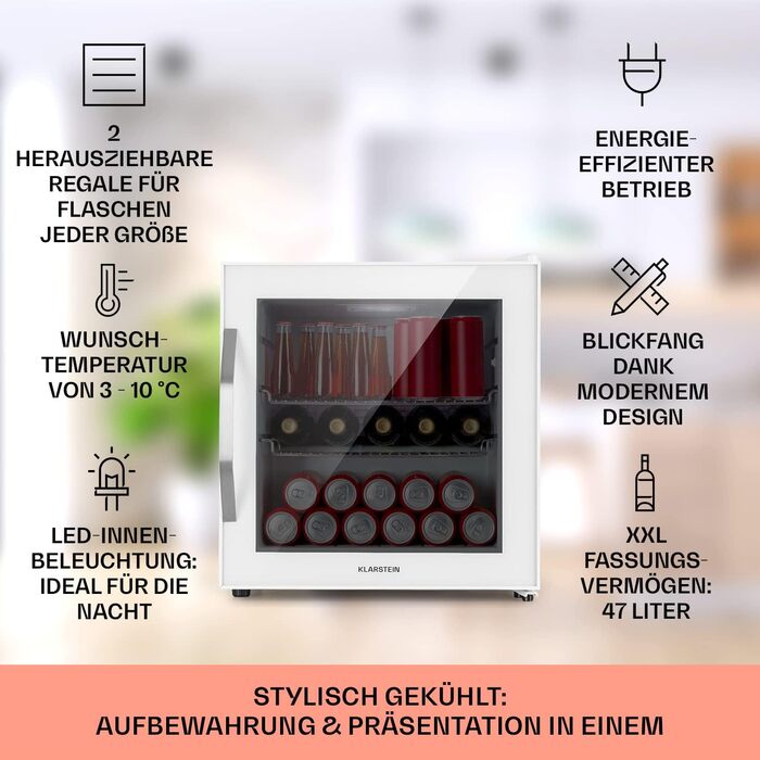 Міні-холодильник Klarstein з скляними дверцятами, для кімнати, барний холодильник з регульованими полицями, компактний, для дому/на вулицю, тихий (47 л, білий)