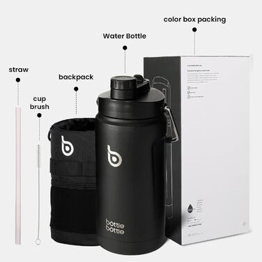BOTTLE BOTTLE Insulated Water Bottle, 1.8L, with Straw and Double Lid, Half-Gallon Water Jug, Stainless Steel, for Workout and Sports, Insulated Growler with Handle, Black
