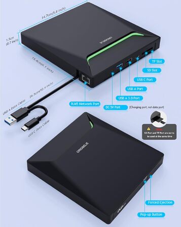 Зовнішній DVD-накопичувач ORIGBELIE з RJ45 Ethernet-адаптером та USB 3.0 хабом (3 USB, 2 TF/SD), зовнішній CD-записувач для ноутбука, MacBook, PC Windows, Linux, Mac OS, з сумкою для перенесення