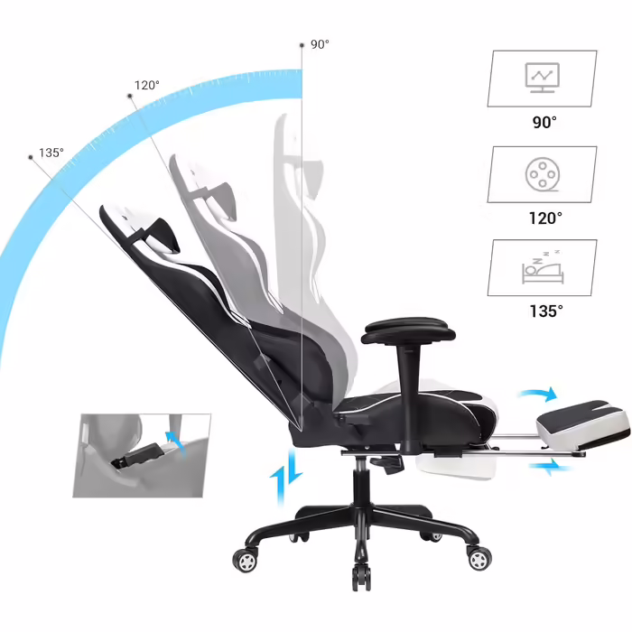 SONGMICS Gaming Chair with Footrest, 330 lbs, Office Chair, Desk Chair, Lumbar Pillow, Headrest, High Backrest, Ergonomic, Steel, Faux Leather, Breathable Mesh Fabric, Black-White RCG52BW Black + White