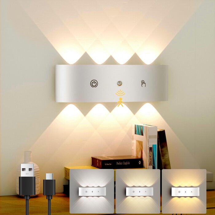LED-стінні світильники на батарейках YrgePowk (2 шт.) з датчиком руху, USB-зарядка, 3 кольори, бездротові, білі