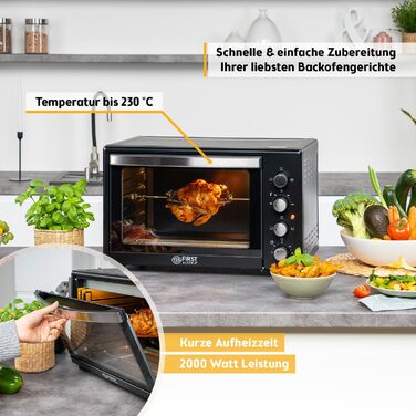Міні-піч TZS First Austria 45L з регулюванням температури до 230°C, таймером, грилем та поворотним шампуром. Антипригарне покриття, 4 рівня, деко та решітка.