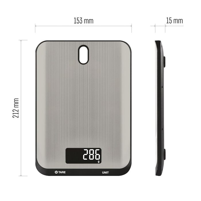 Кухонні ваги EMOS EV026 з нержавіючої сталі - 10 кг, точність 1 г, функція TARA, LCD-дисплей, g/kg/ml/oz/lb/tl, з батарейками