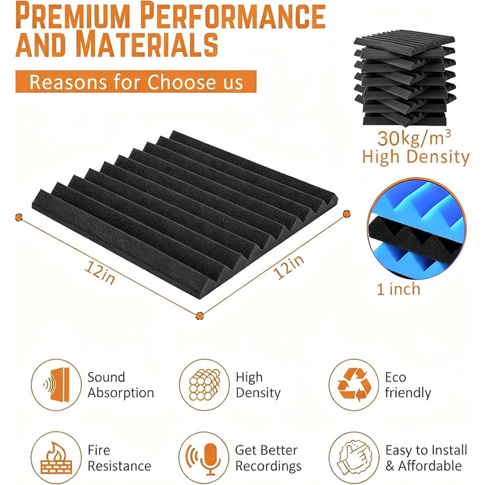 Самоклеїться акустичні панелі з шумопоглинаючого поролону, звукоізоляційні плити для студії та офісу, чорні, 30x30x2.5 см (48 штук)