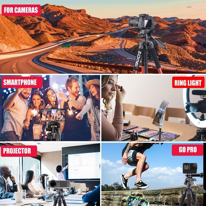 Штатив ZOMEi 188 см, професійний, для DSLR, телефонів, проекторів, телескопів (чорний/червоний)