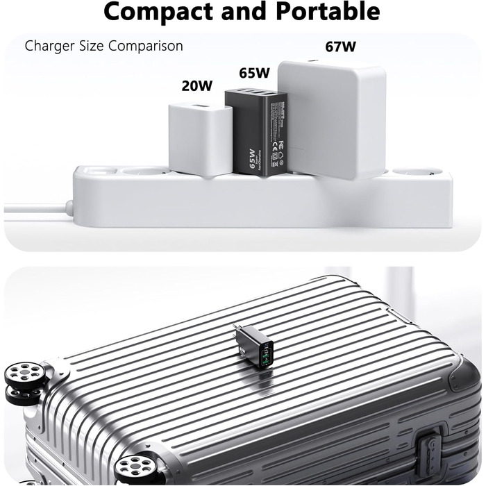 Зарядний пристрій USB-C 65W з кабелем, GaN 4-порти, швидка зарядка для MacBook, iPad, iPhone 15/16 Pro Max, Samsung Galaxy S23/S24 (2м USB-C - USB-C, чорний)