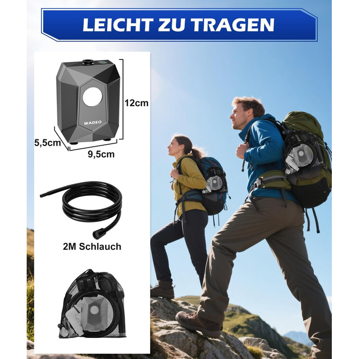 Портативна душова система WADEO для кемпінгу з акумулятором 6000 mAh, LED-підсвічуванням та IPX8 водонепроникністю, 5 режимів тиску. Комплект для відпочинку на природі, подорожей та догляду за тваринами.