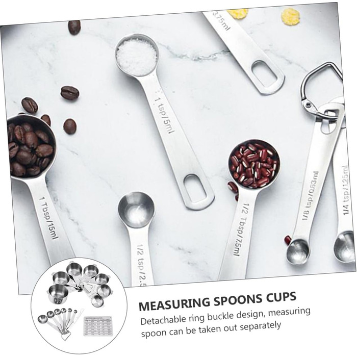 Cabilock Complete 15-Piece Stainless Steel Measuring Cup and Spoon Set. Detachable Design Without Handle. Accurate Measurement for Cooking and Baking.