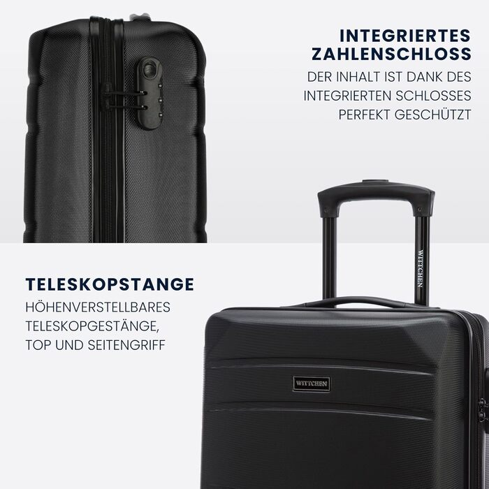 WITTCHEN Globe Line: Чемодан-ролер ручної поклажі з ABS, 4 колеса, кодовий замок, телескопічна ручка, чорний | Розмір S | Підходить для Lufthansa, Eurowings, Ryanair, Condor, Discover Airlines