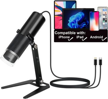 Цифровий мікроскоп-камера Jiusion для iPhone, iPad, Android, телефону, планшета, 50-1000x, для ювелірів, студентів, дітей, з металевим кріпленням, 1920x1440P, чорний