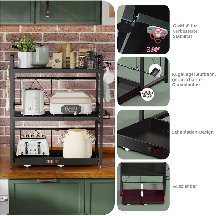 Регульована мікрохвильова полиця NETEL 2-ярусна, полиця над мікрохвильовою піччю, підставка для мікрохвильовки, кухонна полиця для стільниці, полиці для випічки, кухонна полиця з тримачем для напоїв та кошиком, чорна, висувна 40-60 см (3-ярусна з 2 тримач