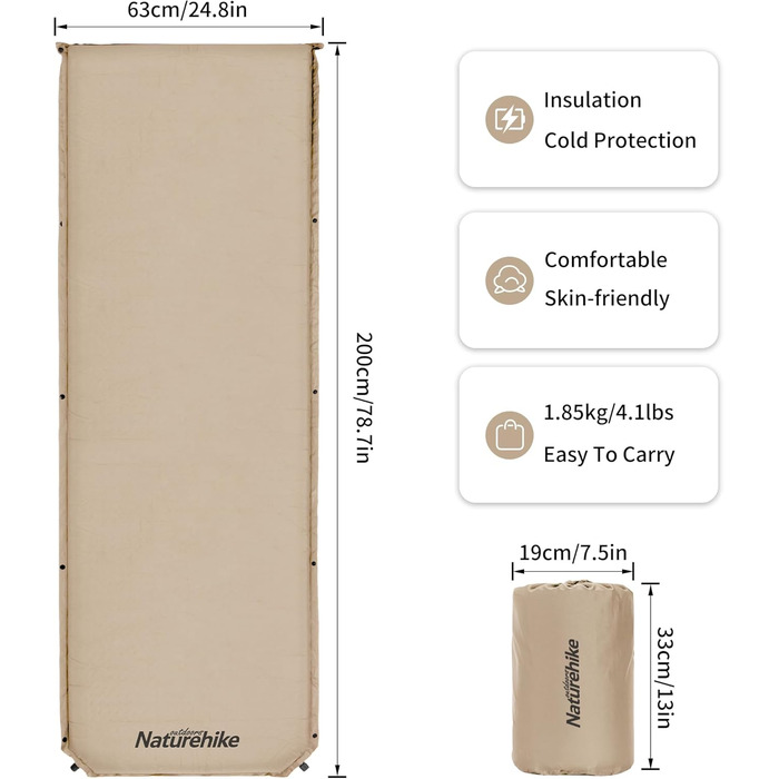Naturehike Саморозкладаючий килимок для сну 5 см, туристичний килимок для кемпінгу, з'єднується з іншими, для наметів, гамаків, походів, сімейного кемпінгу, R-значення 4.8, зелений (хакі)