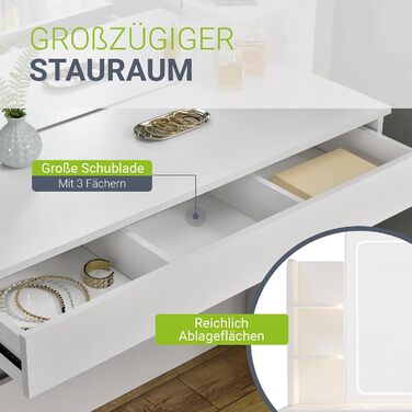 Туалетний столик Juskys Zoey з LED-підсвіткою, дзеркалом, шухлядою, 3 відділеннями та шафкою, 90x38x137 см, білий, дерев'яний косметичний стіл з LED-дзеркалом