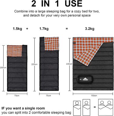 Cotton Flannel Double Sleeping Bag for Camping, Hiking, and Backpacking - Queen Size 2 Person Waterproof Sleeping Bag for Adults & Teens - Lightweight (Black/Orange)