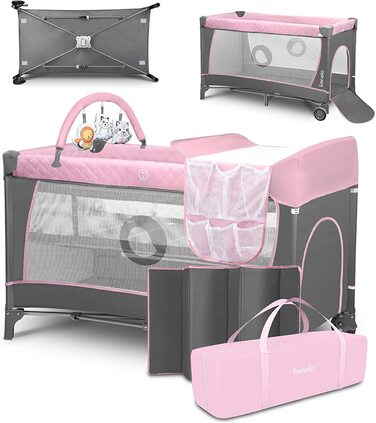 Lionelo Flower 4in1 Travel Cot Baby, Playpen Baby with Side Entrance, Changing Table, Two Mattress Suspension Heights, Play Arch with Figures, Wheels, Carry Bag 1 Piece (1 Pack) Pink